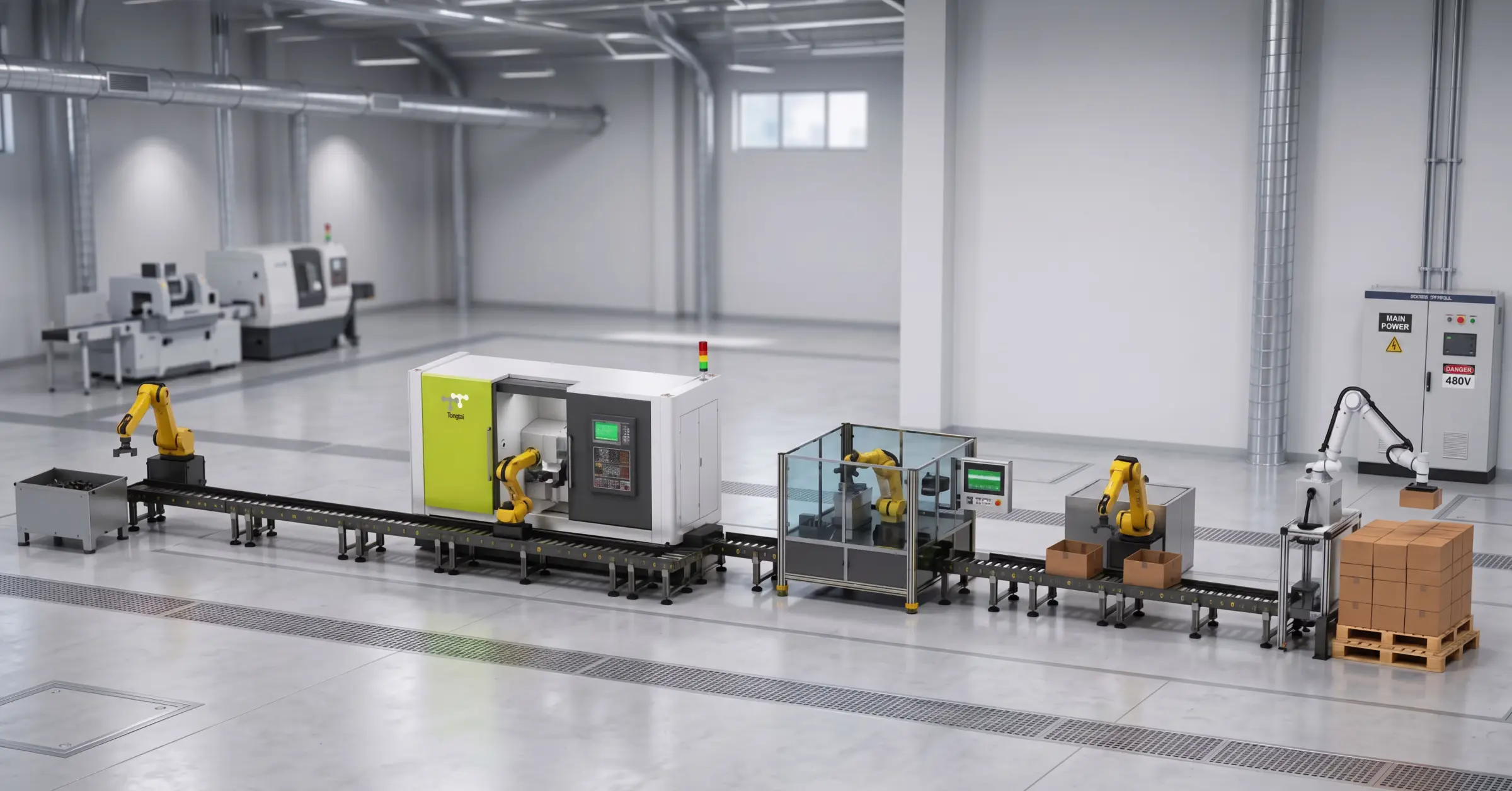Ligne de production automatisée avec robots et centre d'usinage